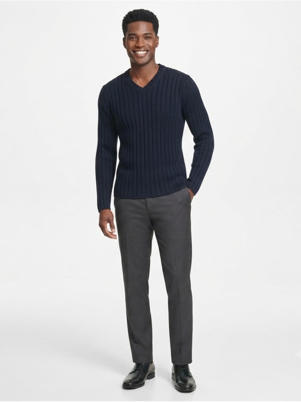 DKNY Men's Cotton Navy Blue Ribbed V-Neck Sweater - Size M